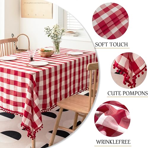 Jubilantex Buffalo Plaid Tablecloth Red White 54x54 Inches with Tassels - Square