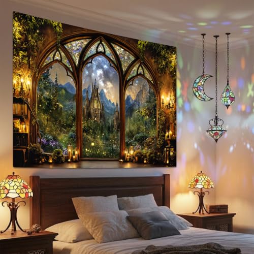 Fantasy Forest Mountain Castle Tapestry 48x36 Inch Wall Decor