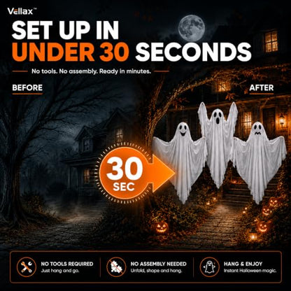 Hanging Halloween Ghost Decorations Set with Unique Faces - Weather-Resistant Indoor Outdoor Ghosts