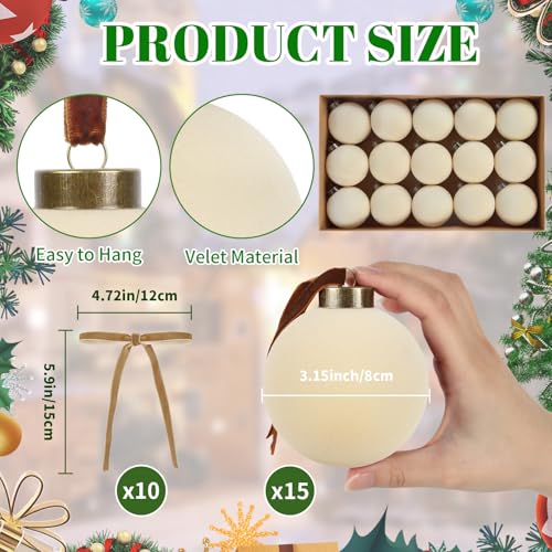 Velvet Christmas Balls Set - Creamy White 15 Pack with 10 Bows for Holiday Decor