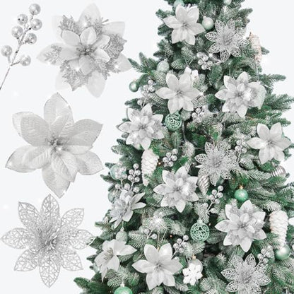 Artificial Christmas Poinsettia Flowers with Glitter - Silver, 30 pcs
