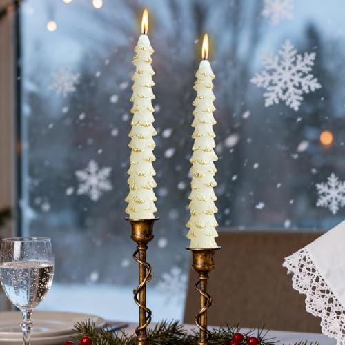 White 10-Inch Christmas Tree Candlesticks - 4 Pack Unscented Tree-Shaped Taper Candles for Holiday Decor