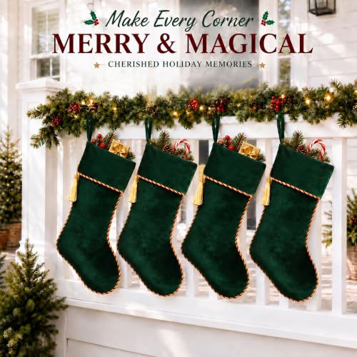Green Velvet Christmas Stockings 3 Pack - 20 Inch Large Holiday Decor