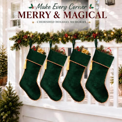 Green Velvet Christmas Stockings 3 Pack - 20 Inch Large Holiday Decor