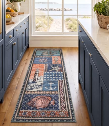 Vintage Nautical Area Rug 2x6 Washable Non-Slip Coastal Runner