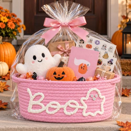 Pink Halloween Boo Basket with Handles - 2 Pack Ghost Gift Baskets for Women