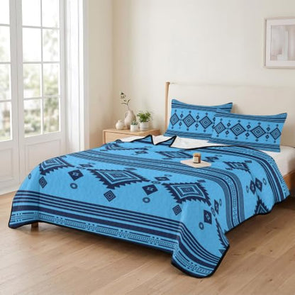 Twin Size Quilt Bedding Set - Blue Azure Boho Southwestern Vintage Zigzag