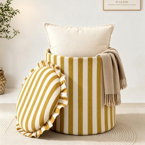 GLAXYFUR Round Striped Storage Ottoman Foot Rest Stool - Yellow