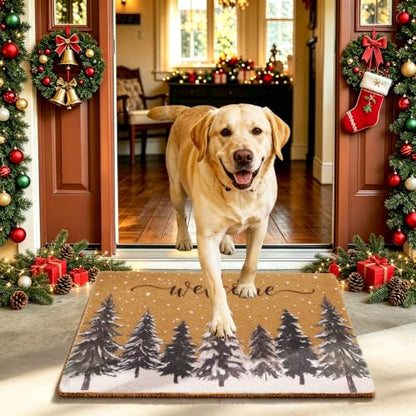 Snow Christmas Tree Door Mat 17x30 Inches - Heavy Duty Coir Welcome Mat
