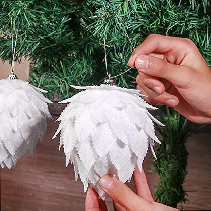 Set of 4 White Christmas Tree Ornaments - Pinecone & Glitter Decor