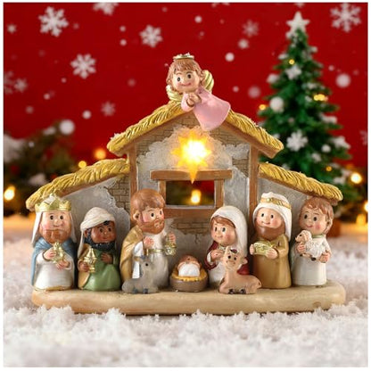 Nativity Scene Set with Praying Angel and LED Lights - 8 Inch Holy Family Statue with Multicolor Stable Variation