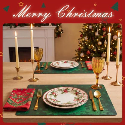 Christmas Vinyl Placemats Set of 6 - Green, Rectangular, 12 x 17 Inches - Holiday Table Decor