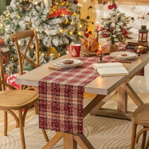 AQOTHES Red Snowflake Plaid Christmas Table Runner 13x108 Inches - Holiday Decor