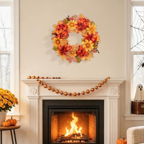 20 Inch Fall Orange Wreath with Red & Orange Accents for Front Door - Autumn Decor