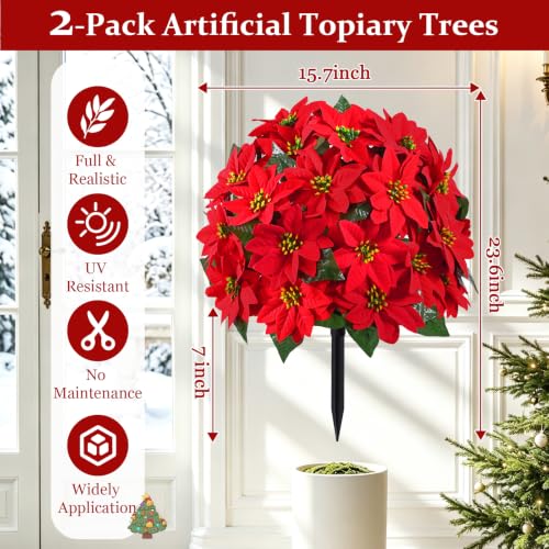 Artificial Poinsettia Topiary Trees - Red Holiday Outdoor Decor - 24 Inches - 2 Pack