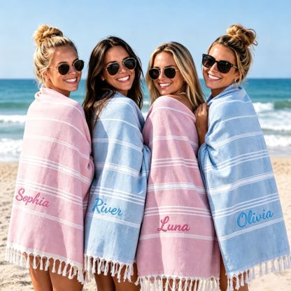 Personalized Turkish Beach Towel with Embroidered Name - Light Blue, Oversized 40 x 71 Inches Cotton, Bridesmaid Gift & Bachelorette Party Favors