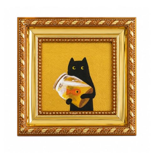 Black Cat Oil Painting with Fish Tank Gold Framed Canvas Art