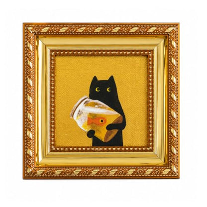 Black Cat Oil Painting with Fish Tank Gold Framed Canvas Art