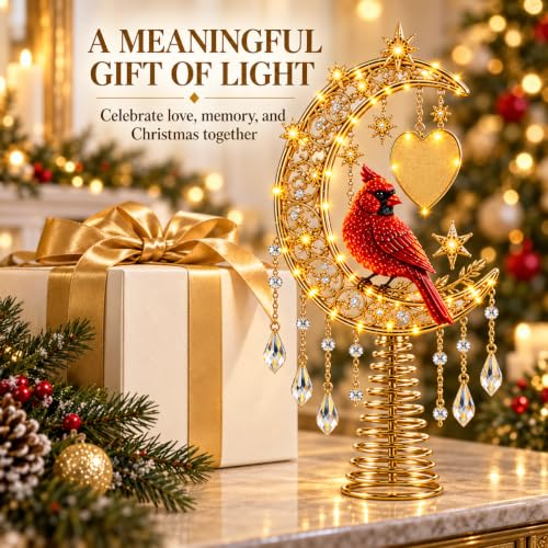 Lighted Angel Christmas Tree Topper - Cardinal Design with Warm Glow & Snowflakes