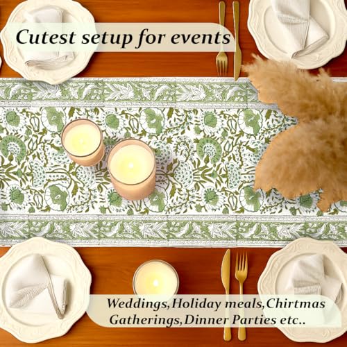 Agate Green Cotton Table Runner 16x106 Inches Floral Hand-Block Print