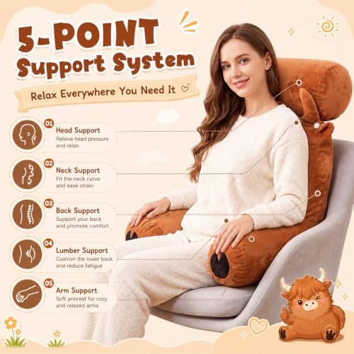 Large Highland Cow Reading Pillow with Removable Headrest & Armrests