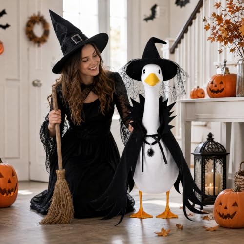Halloween Witch Porch Goose Costume with Lace Spider Web Hat - Black2