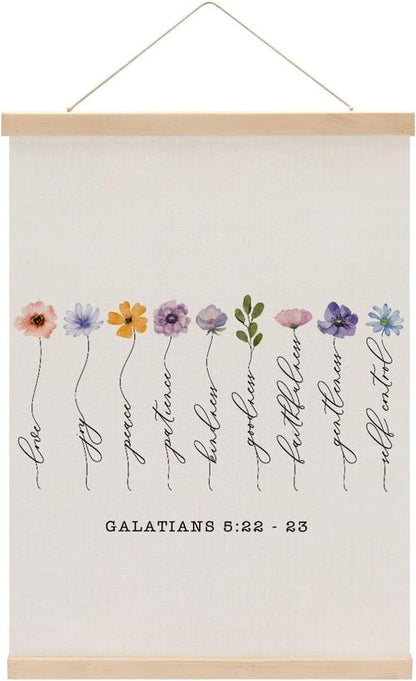 Fruit of the Spirit Wall Art | Boho Floral Christian Bible Verses Poster Hanger - Wooden Frame for Home Decor