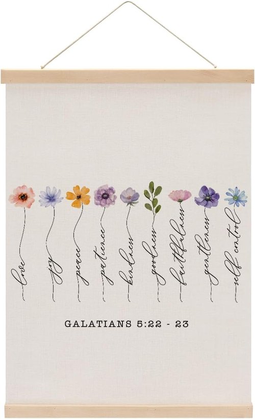 Fruit of the Spirit Wall Art | Boho Floral Christian Bible Verses Poster Hanger - Wooden Frame for Home Decor