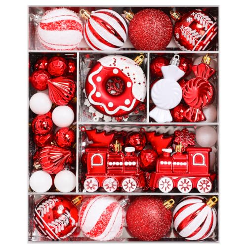 82pcs Christmas Ornaments Set Red & White Shatterproof Plastic Holiday Decor
