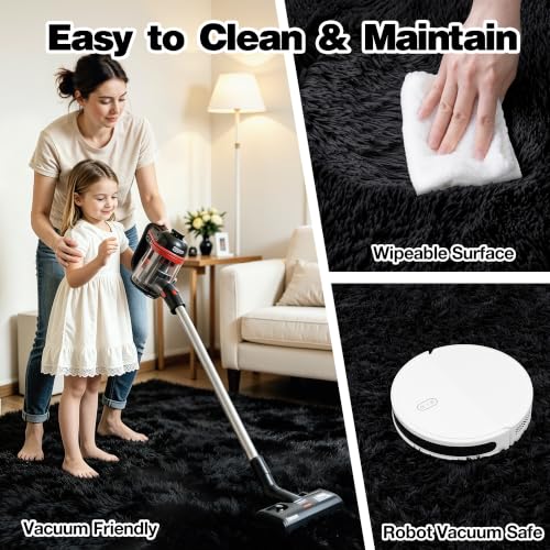 Black 8x10 Area Rug for Living Room & Bedroom Soft Fluffy Fuzzy Fur Shag