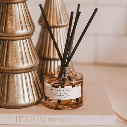 Christmas Tree Reed Diffuser Set - Spruce, Pine Needles, Cedar & Moss Scent, Tinted Glass - 3.5 oz, Made in USA