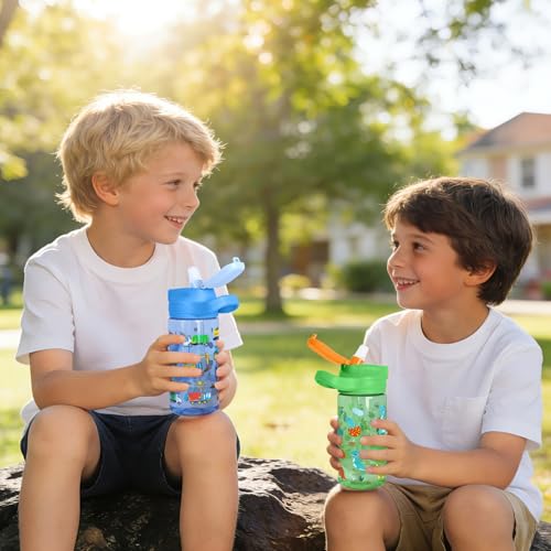 Kids Water Bottle with Straw 16.2oz BPA-Free Tritan Plastic - Blue Car & Green Dinosaur 2 Pack