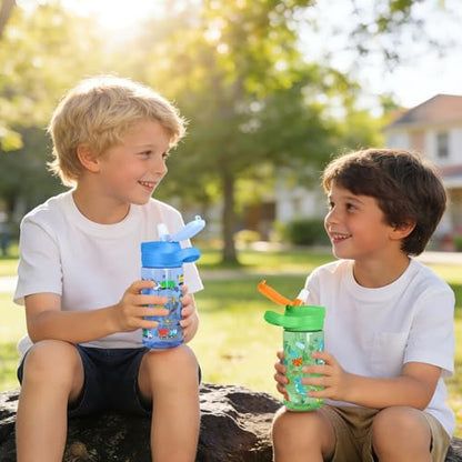 Kids Water Bottle with Straw 16.2oz BPA-Free Tritan Plastic - Blue Car & Green Dinosaur 2 Pack