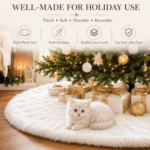 White Faux Fur Christmas Tree Skirt 30 Inch Luxury Plush Holiday Decor