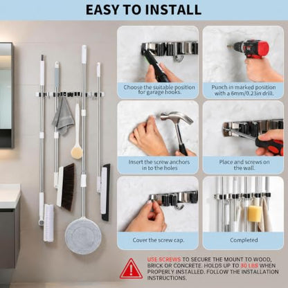 Wall Mount Mop and Broom Holder with 5 Racks & 4 Hooks - Silver