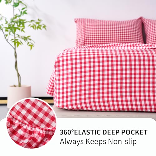 Checkered Red Cotton Queen Sheets Set - Gingham Bed Linen with Deep Pockets