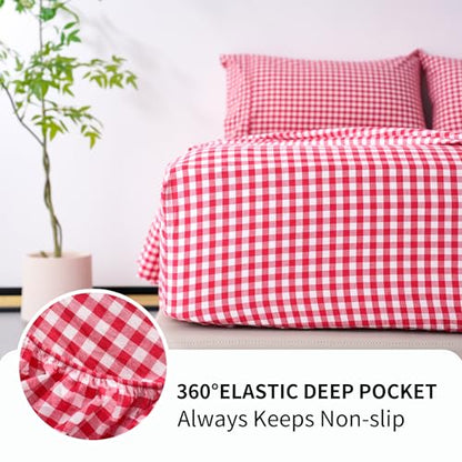Checkered Red Cotton Queen Sheets Set - Gingham Bed Linen with Deep Pockets