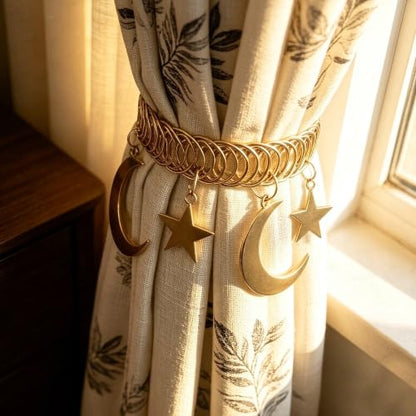 Golden Moon Star Metal Elastic Curtain Tiebacks - 2 Pack, Decorative Boho Holdbacks