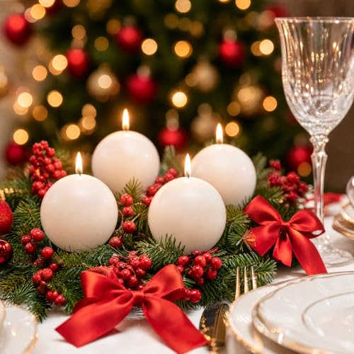 White Christmas Ball Candles 4pcs - Round Wax Table Decor
