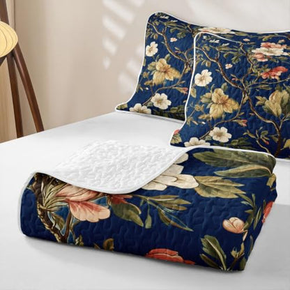 Full Size Bedspread Set - Brown Green Rustic Floral Quilt with Pillow Shams - 3 Pieces