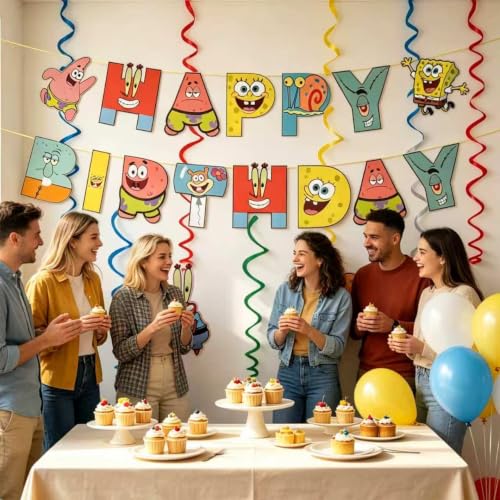 Birthday Banner with Vortex Pendants - SpongeBob Theme Celebration Decor