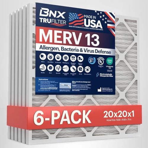 BNX TruFilter 20x20x1 Air Filter MERV 13 (6-Pack) - MADE IN USA - Electrostatic Pleated Air Conditioner HVAC AC Furnace Filters for Allergies, Pollen, Mold, Bacteria, Smoke, Allergen, MPR 1900 FPR 10