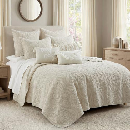 Euro Sham Set 2 Pack - Helena Taupe Ornate Paisley Medallion Cotton Bedding - Tie Closure - 26x26 Inches