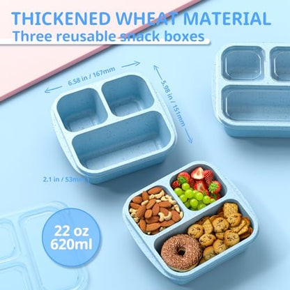 Enstphjoy Snack Boxes (3 Pack) - Stackable Bento Boxes with 3 Compartments, Meal Prep Containers Reusable, Lightweight Lunch Containers for Kids and Adults, BPA Free (Blue)