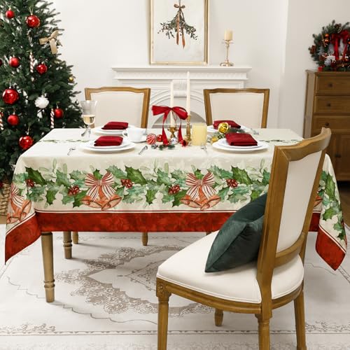 Christmas Jacquard Tablecloth 60x144 Inch - Holiday Holly Bell Design, Green Variation