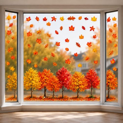 Large Fall Maple Tree Window Clings - 8 Sheets Autumn Thanksgiving Decor - Reusable Static Stickers