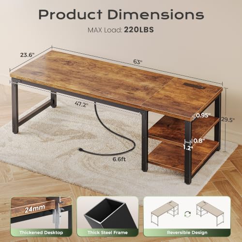 Rustic Brown 63x23.6 Inch Computer Desk with Power Outlets, Thick Desktop