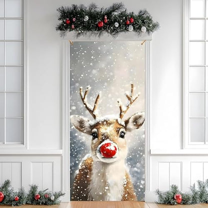 Christmas Door Cover Decoration Red Reindeer Holiday Front Door Banner 35x79 Inch
