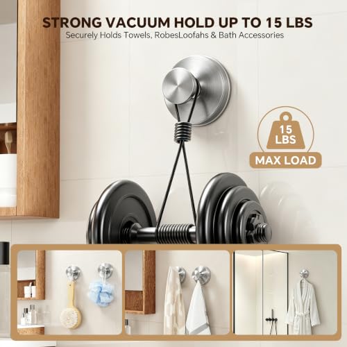 Brushed Silver 4 Pack Suction Cup Hooks for Bathroom No Drill Towel & Robe Hangers