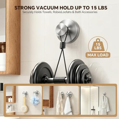 Brushed Silver 4 Pack Suction Cup Hooks for Bathroom No Drill Towel & Robe Hangers